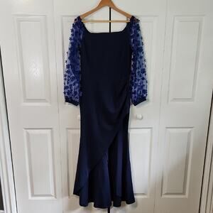BTDBM Blue Floral Maxi Dress Size Med Sheer Sleeves Faux Wrap Square Neck Formal